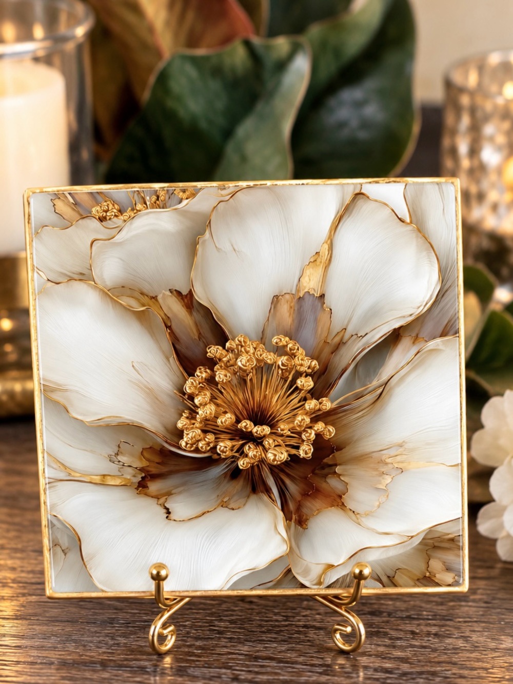 Hand crafted magnolia blossom ceramic coaster stone 4”